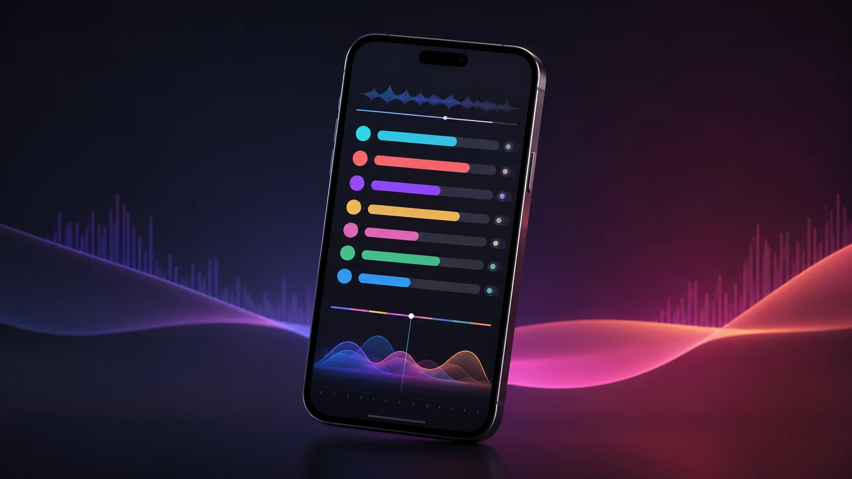 Line Distribution mobile app illustration with colorful member timing bars and an audio waveform