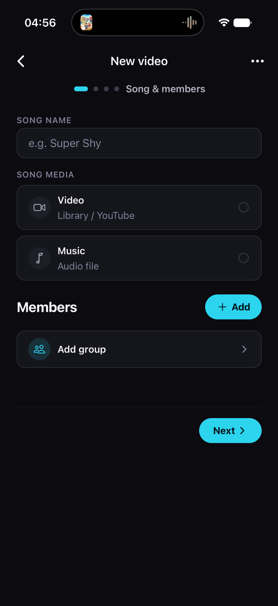 New video screen for adding a song, video or audio file, and K-pop group members in the Line Distribution app