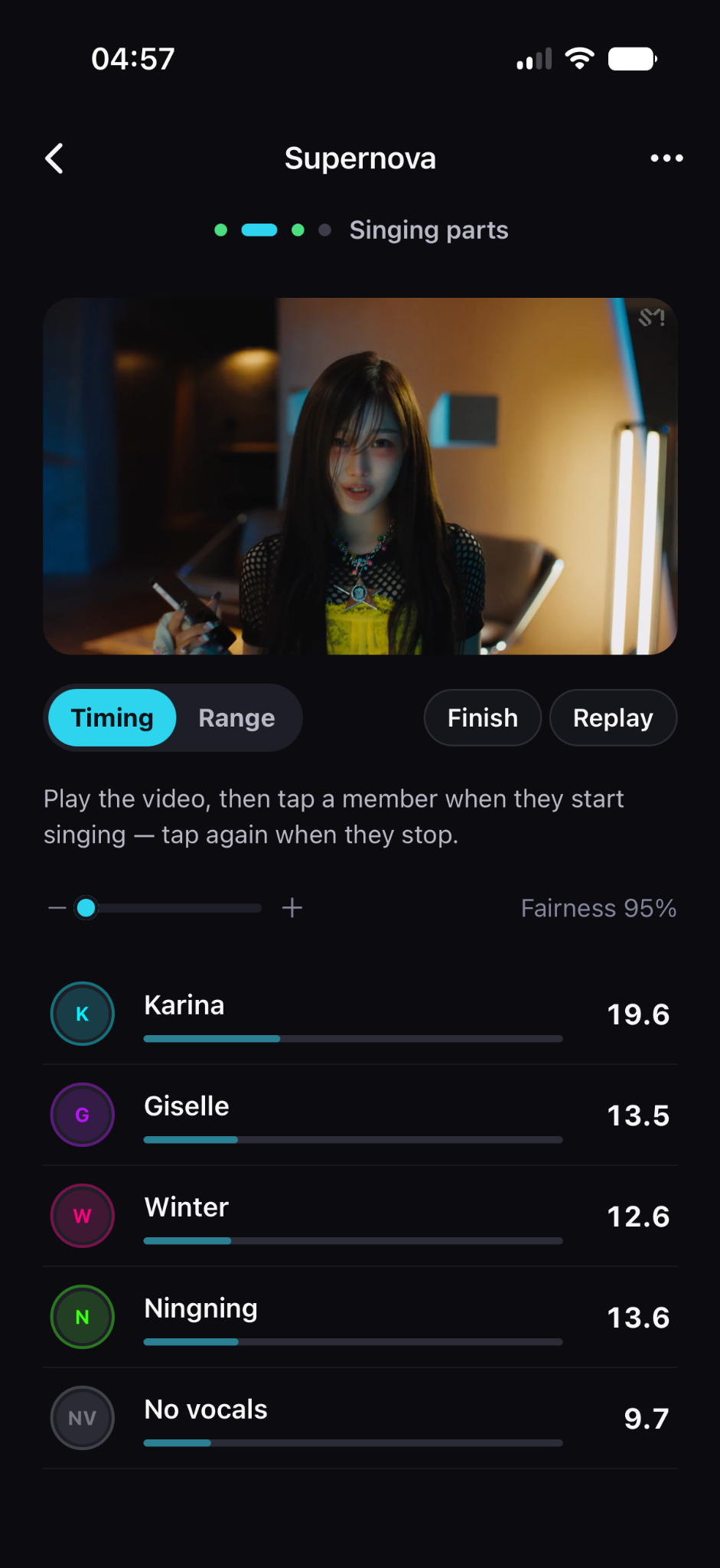 Timing Karina, Giselle, Winter, and Ningning while a video plays in the Line Distribution mobile app