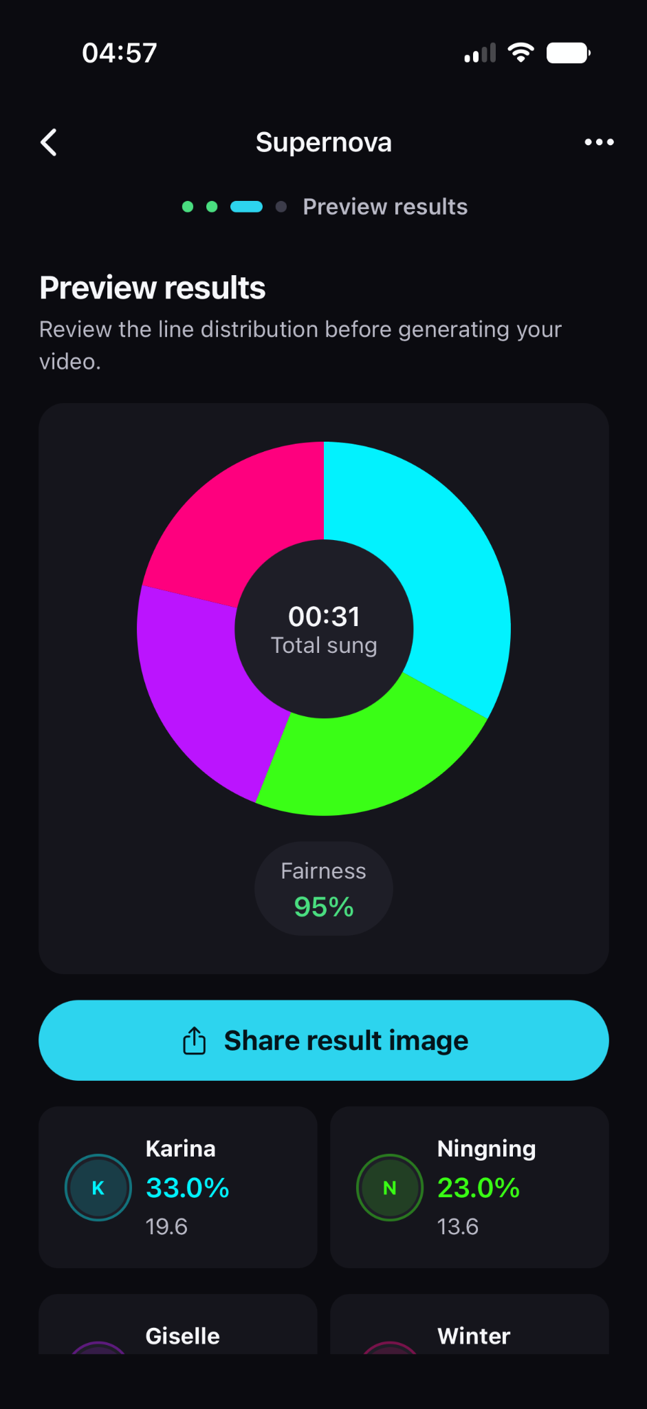 Preview of a K-pop line distribution chart with member percentages and a fairness score