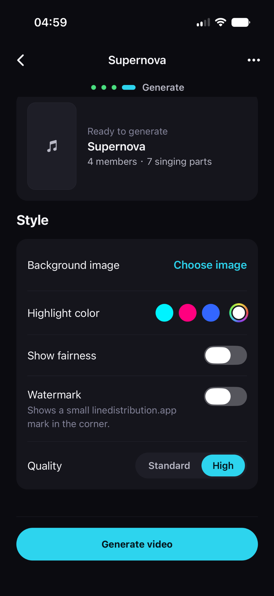 Video generation settings with background image, highlight color, fairness, watermark, and quality options