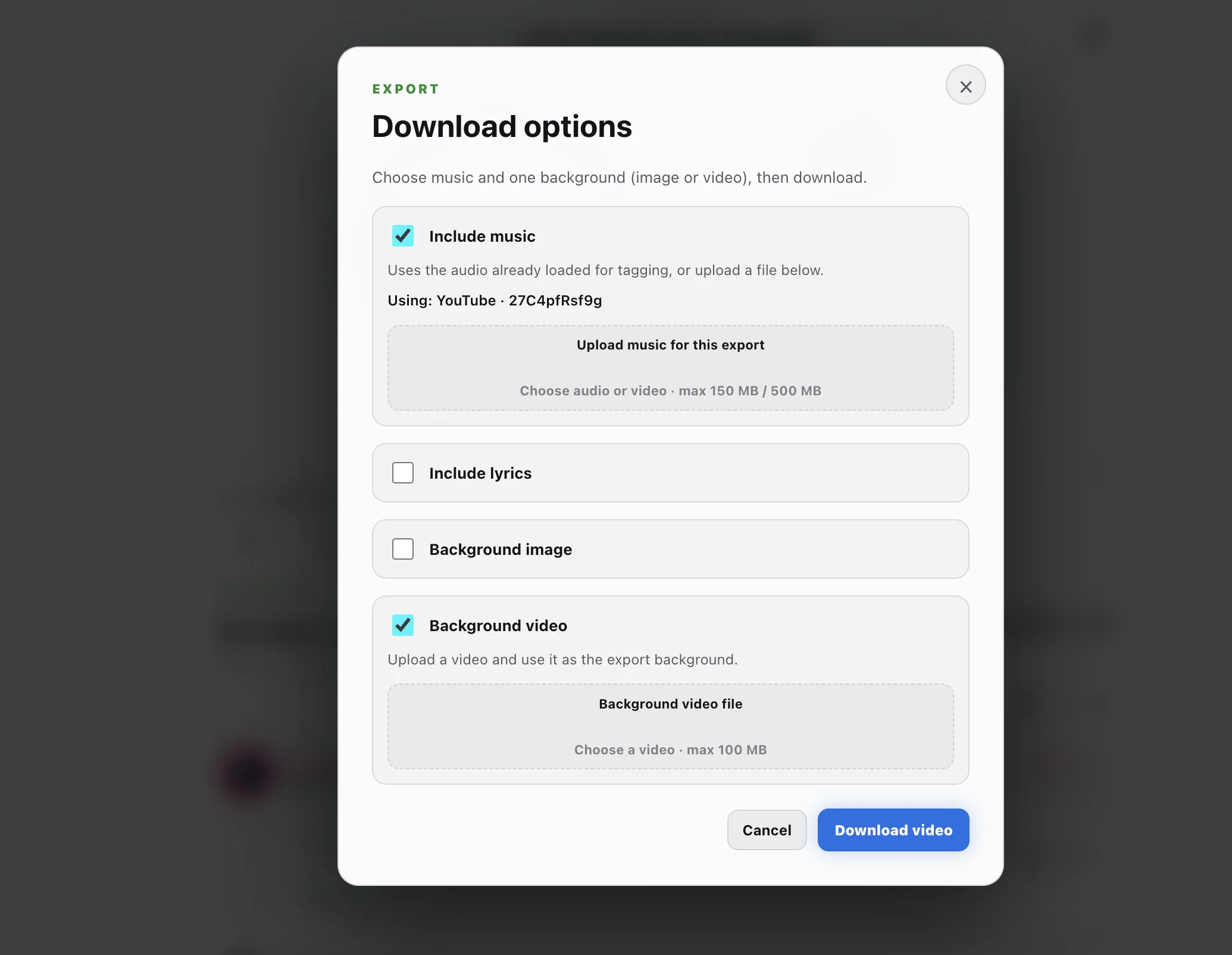 Selecting music and a background video in the Line Distribution download options