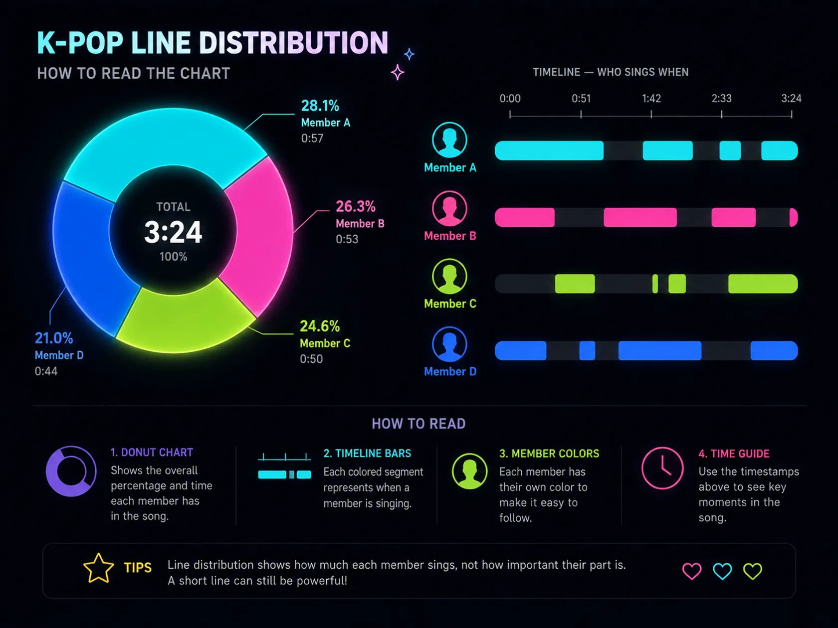Labels explaining time, percentage, ranking, coverage, and fairness on a line distribution chart