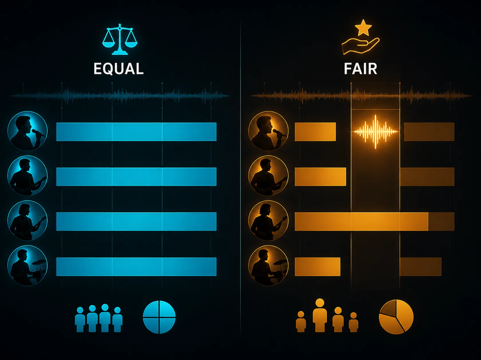 Equal line distribution versus fair line distribution visual comparison